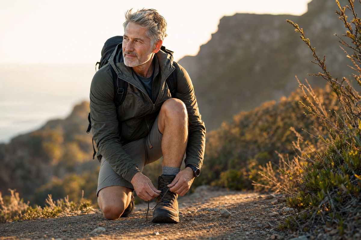 An active man lacing his boots at golden hour, moving with ease.