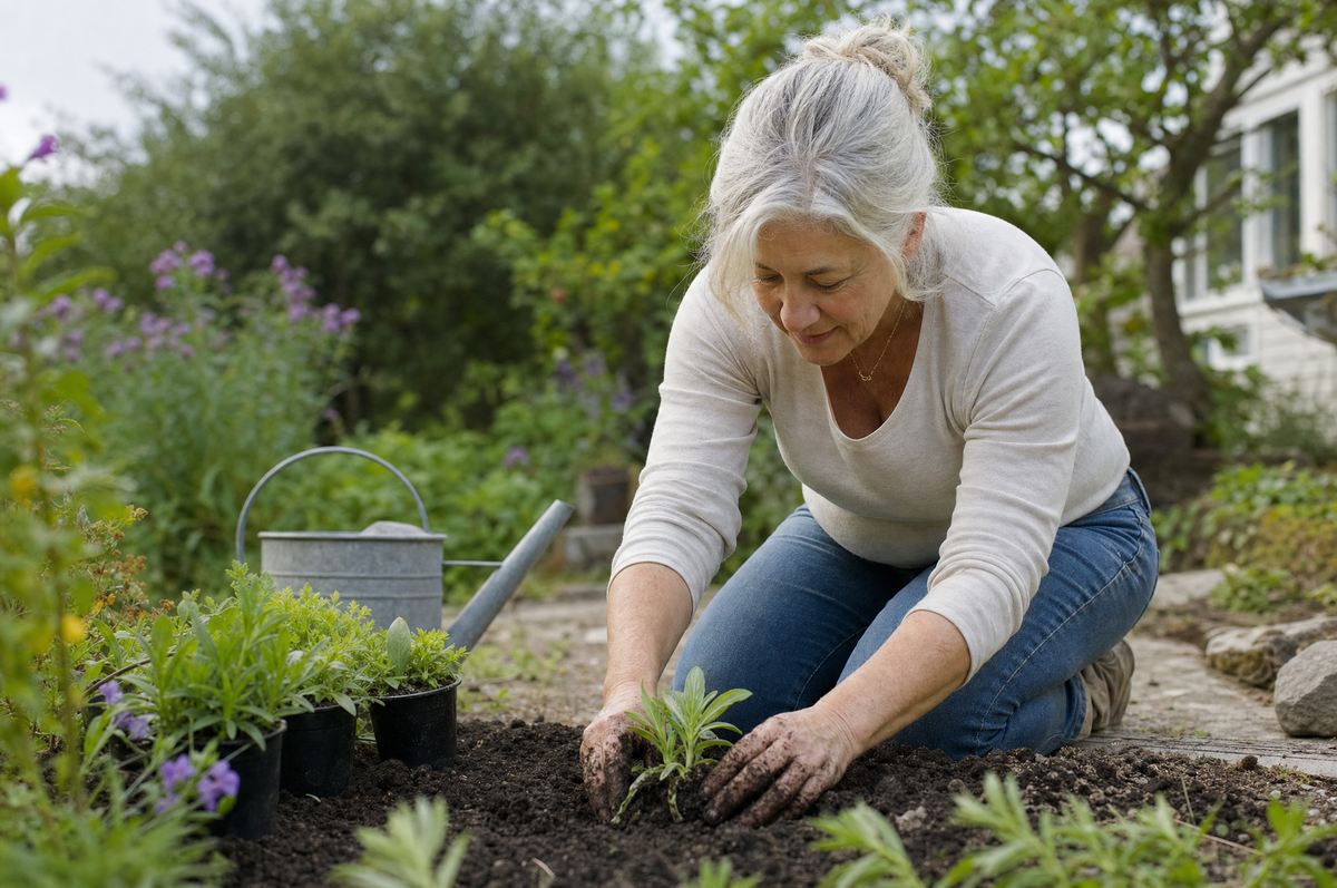 A woman gardening with ease, hands working the soil.