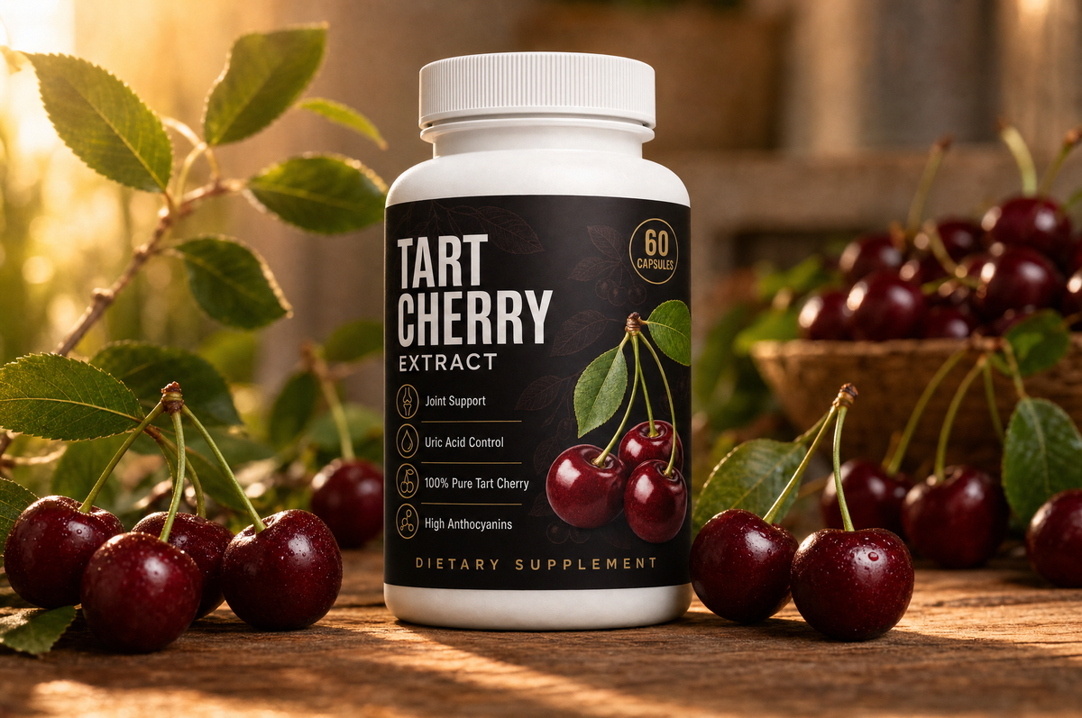 Get Good Grove  Tart Cherry Extract bottle surrounded by fresh tart cherries.