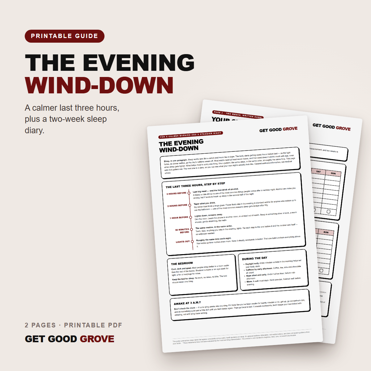 The Evening Wind-Down Guide by Get Good Grove: a two-page printable PDF with an evening routine and a two-week sleep diary