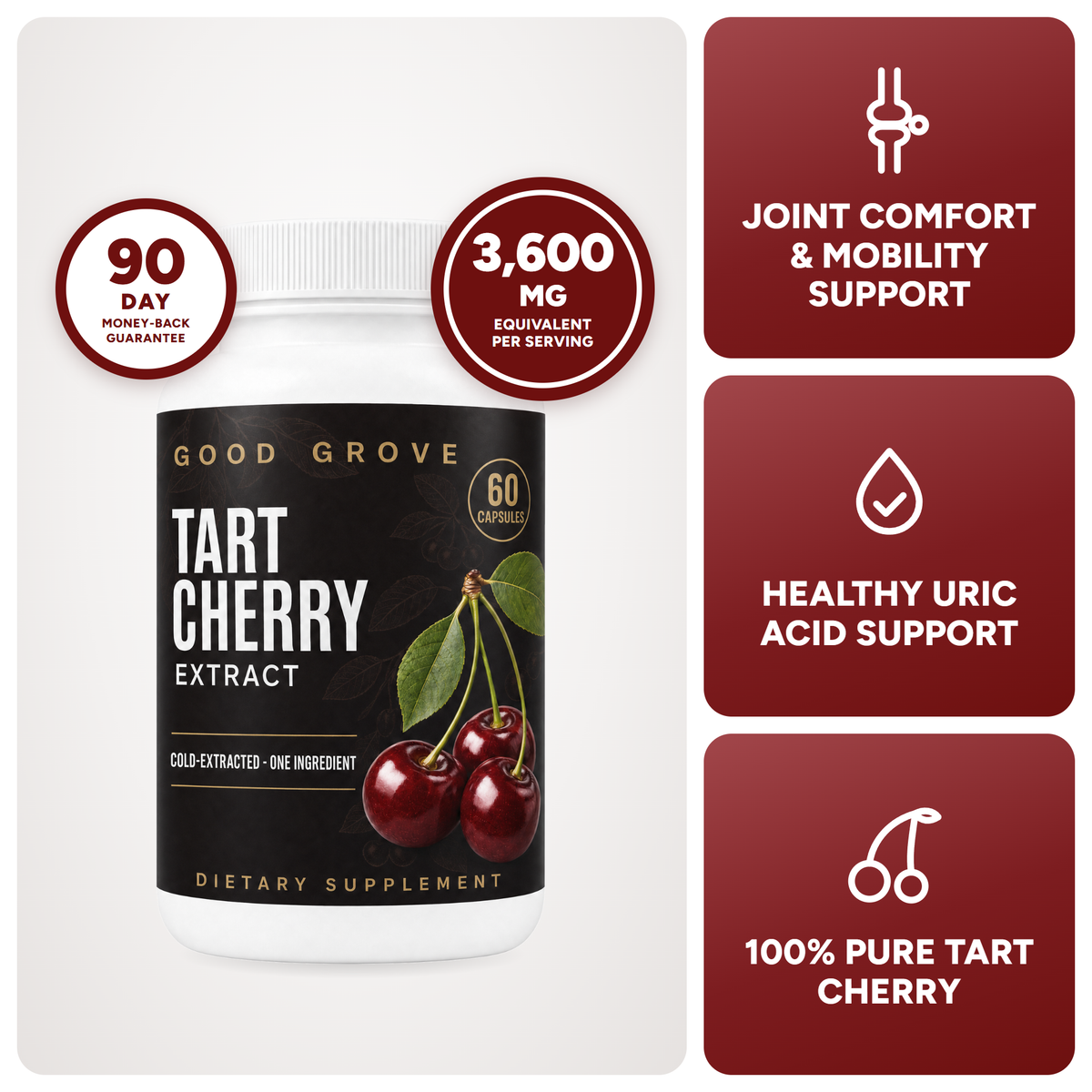 Bottle of Get Good Grove Tart Cherry Extract with seals for a 90-day money-back guarantee and 3,600 mg equivalent per serving (360 mg of a 10:1 extract), next to three benefits: joint comfort and mobility support, healthy uric acid support, and 100% pure tart cherry