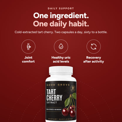 One ingredient, one daily habit: cold-extracted tart cherry, two capsules a day, sixty to a bottle