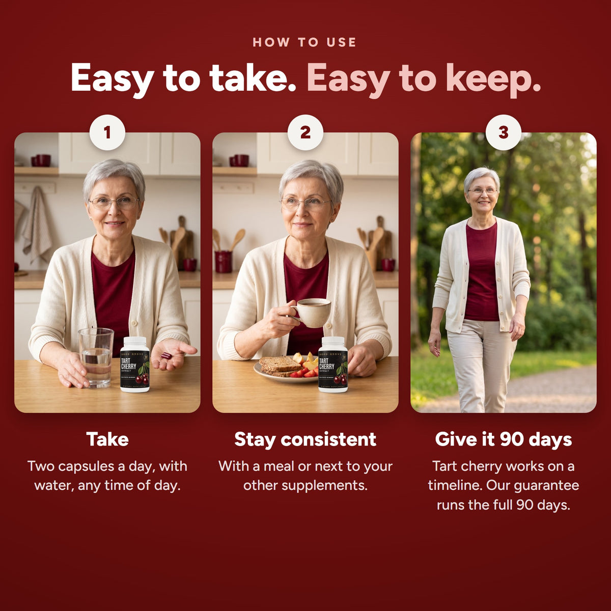 How to use: take two capsules a day with water, stay consistent, give it 90 days