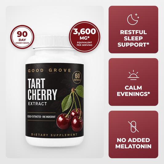 Bottle of Get Good Grove Tart Cherry Extract on a white background: 3,600 mg equivalent per serving (10:1 extract), 90-day money-back guarantee — restful sleep support, calm evenings, no added melatonin